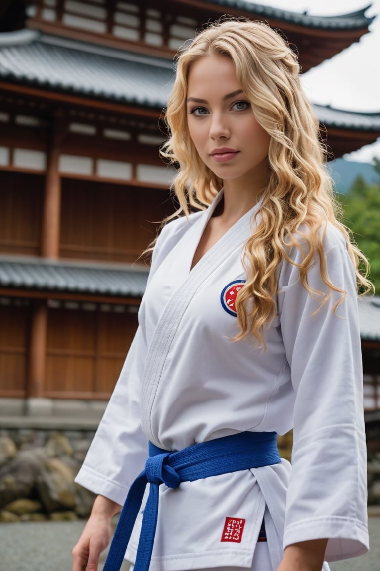 side view of a very beautiful girl with long blonde curly hair and blue eyes, in an japanese Temple. (((her full body is visible))). She turns her face towards the viewer. Making eye contact. Her long hair is  partially covering her body. She is wearing torn white judo uniform. The background is a japanese karate dojo in front of fuji mountain (japan), sultry perfect body, big cleavage,
,photorealistic:1.3, best quality, masterpiece,MikieHara,soakingwetclothes,aw0k euphoric style,A girl dancing,