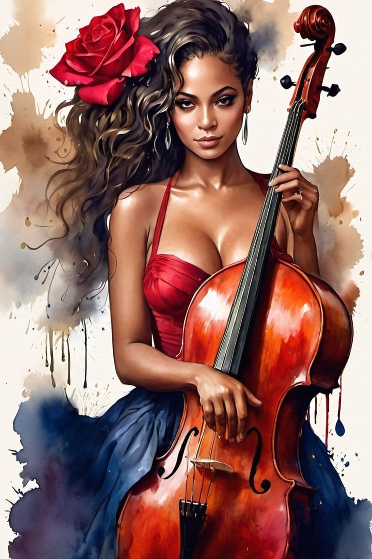 
oil paint, ,style pierre farel style cuba series,1 melanin girl, big breasts, black hair, dress, cleavage, dark skin, formal, red dress, instrument, faceless, , girl is playing 1contrabass, female is very sexy dressed and very senusal, beyonce