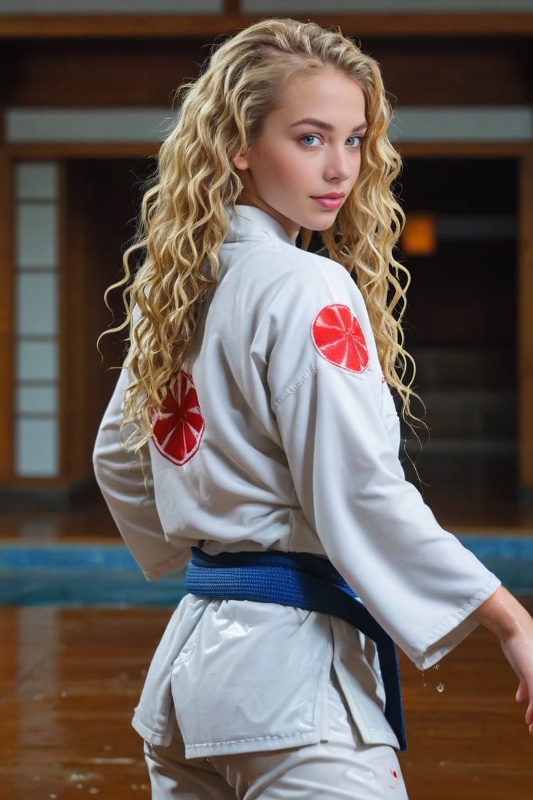 Back view of a very beautiful girl with long blonde curly hair and blue eyes, in japanese Temple. (((her full body is visible))). She turns her face towards the viewer. Making eye contact. She is soaked wet with wet hair. Her long hair is wet and partially covering her body. She is wearing torn white wet judo uniform. The background is a japanese temple in front of fuji mountain (japan), sultry perfect body, big cleavage,
,photorealistic:1.3, best quality, masterpiece,MikieHara,soakingwetclothes,aw0k euphoric style,A girl dancing 