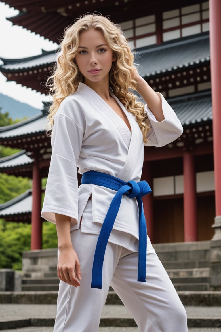 side view of a very beautiful girl with long blonde curly hair and blue eyes, in an japanese Temple. (((her full body is visible))). She turns her face towards the viewer. Making eye contact. Her long hair is  partially covering her body. She is wearing torn white judo uniform. The background is a japanese temple in front of fuji mountain (japan), sultry perfect body, big cleavage,
,photorealistic:1.3, best quality, masterpiece,MikieHara,soakingwetclothes,aw0k euphoric style,A girl dancing, realistic belt knot,