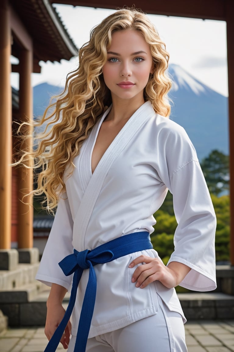 side view of a very beautiful girl with long blonde curly hair and blue eyes, in an japanese Temple. (((her full body is visible))). She turns her face towards the viewer. Making eye contact. Her long hair is  partially covering her body. She is wearing torn white judo uniform. The background is a japanese temple in front of fuji mountain (japan), sultry perfect body, big cleavage,
,photorealistic:1.3, best quality, masterpiece,MikieHara,soakingwetclothes,aw0k euphoric style,A girl dancing, realistic tight belt knot,