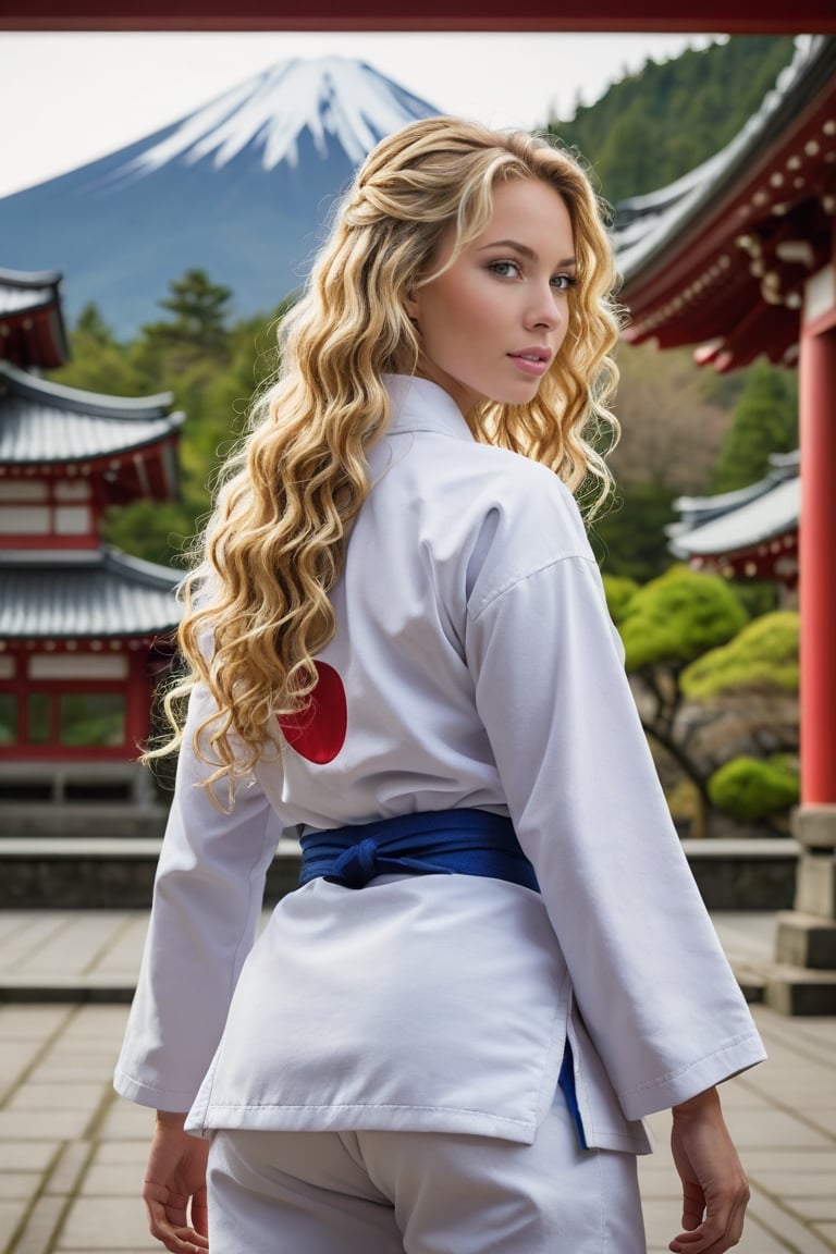 Back view of a very beautiful girl with long blonde curly hair and blue eyes, in an japanese Temple. (((her full body is visible))). She turns her face towards the viewer. Making eye contact. Her long hair is  partially covering her body. She is wearing torn white judo uniform. The background is a japanese temple in front of fuji mountain (japan), sultry perfect body, big cleavage,
,photorealistic:1.3, best quality, masterpiece,MikieHara,soakingwetclothes,aw0k euphoric style,A girl dancing 