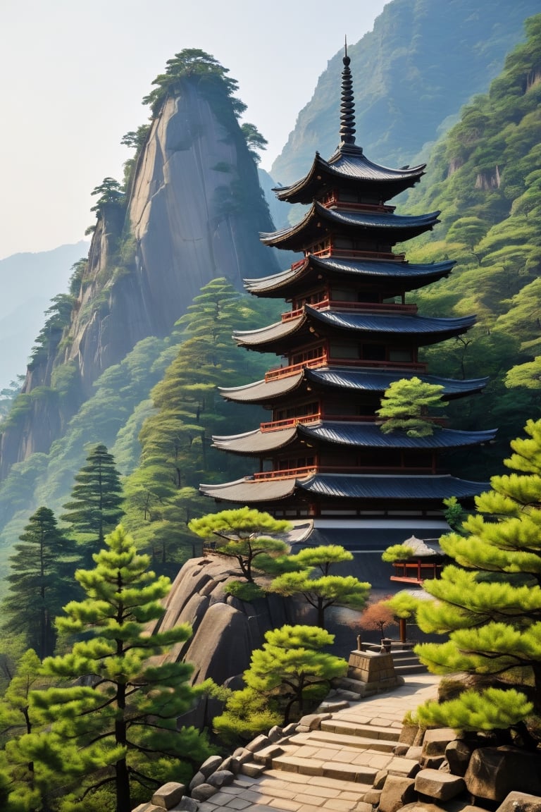 outdoors, tree, no humans, bird, scenery, rock, mountain, architecture, east asian architecture, pagoda,  samurai warrior pilgrim to the the temple
