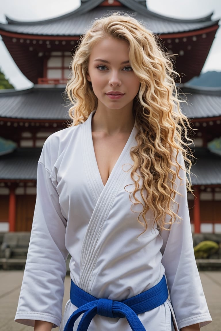 side view of a very beautiful girl with long blonde curly hair and blue eyes, in an japanese Temple. (((her full body is visible))). She turns her face towards the viewer. Making eye contact. Her long hair is  partially covering her body. She is wearing torn white judo uniform. The background is a japanese temple in front of fuji mountain (japan), sultry perfect body, big cleavage,
,photorealistic:1.3, best quality, masterpiece,MikieHara,soakingwetclothes,aw0k euphoric style,A girl dancing, realistic judo belt knot,