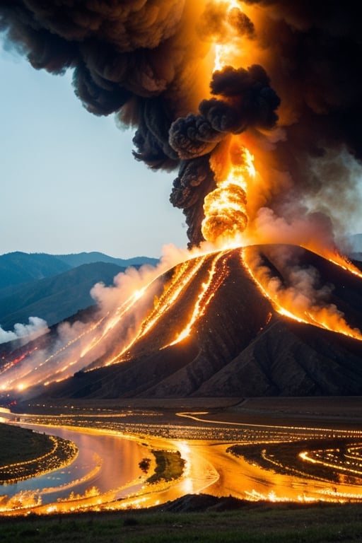 enormous black fire burning everything, everything is on fire, fire river, burning water, mountain of burning people 