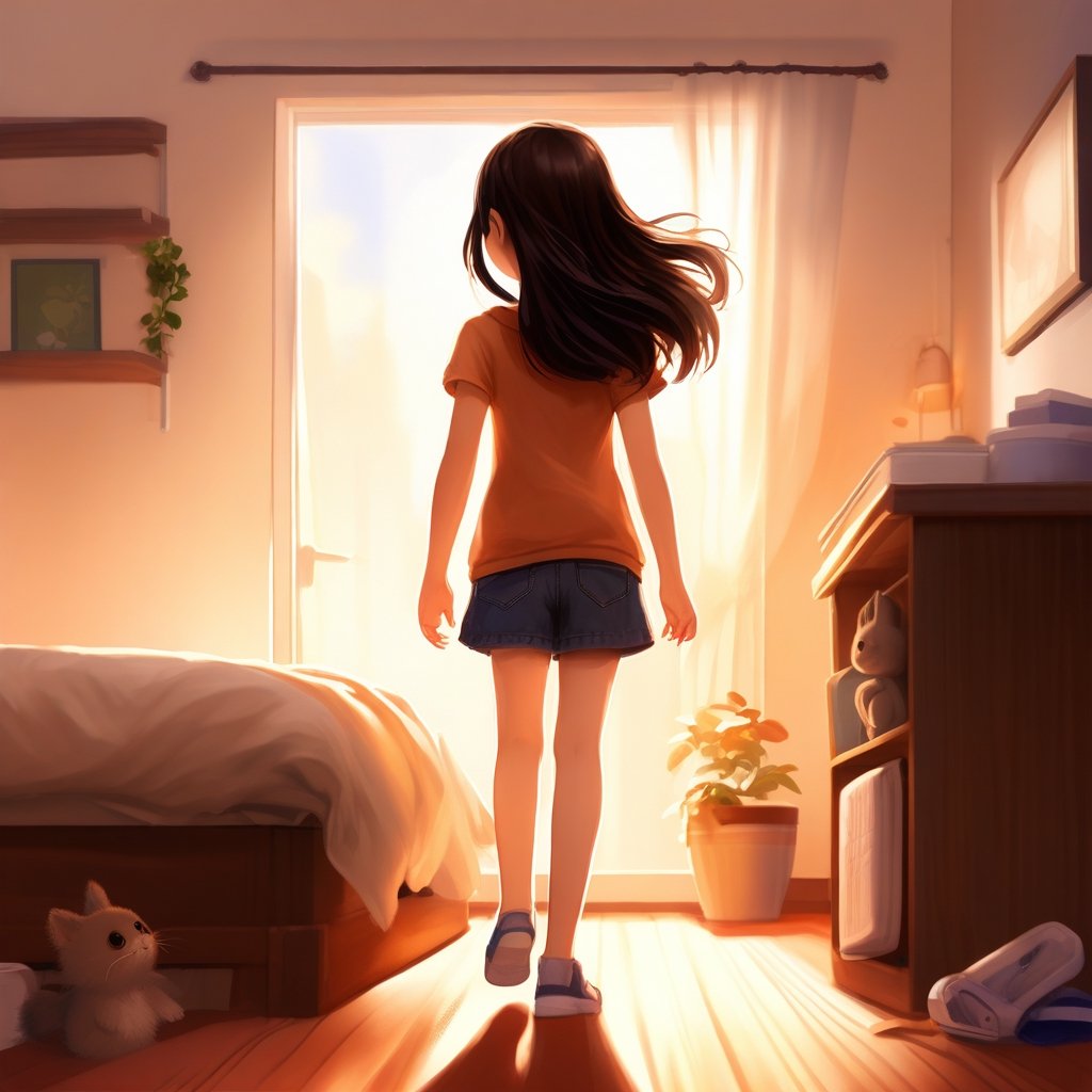 1girl, walking in her room 