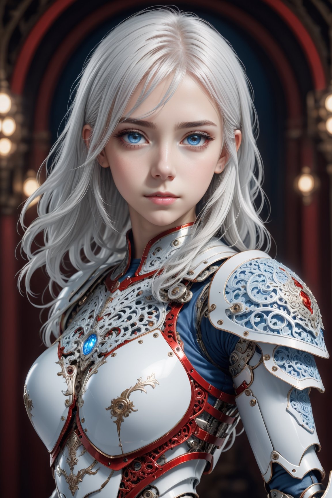 front_view, masterpiece, best quality, photorealistic, raw photo, (1girl, looking at viewer), shot white hair, mechanical white armor, intricate armor, delicate blue filigree, intricate filigree, red metalic parts, detailed part, dynamic pose, detailed background, dynamic lighting,
,boy