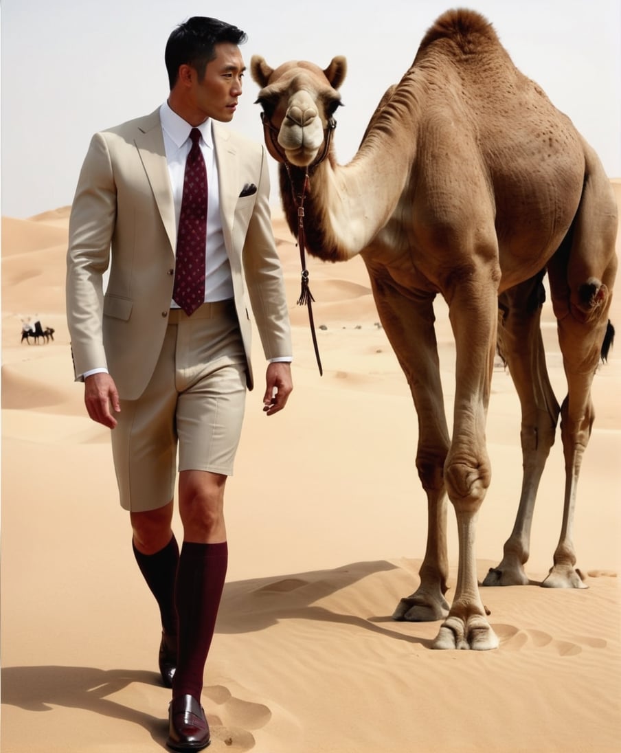 over the calf socks, wearing shorts, RAW, beige suits, burgundy circle print tie photorealistic,Masterpiece, 1guy, vertical strip socks, otc socks,Movie Still, full body portrait, asian men, wearing black loafers , black socks,men, 185cm tall, in the dessert, all back hair style,suit vest, the guy is looking at the camel, solo