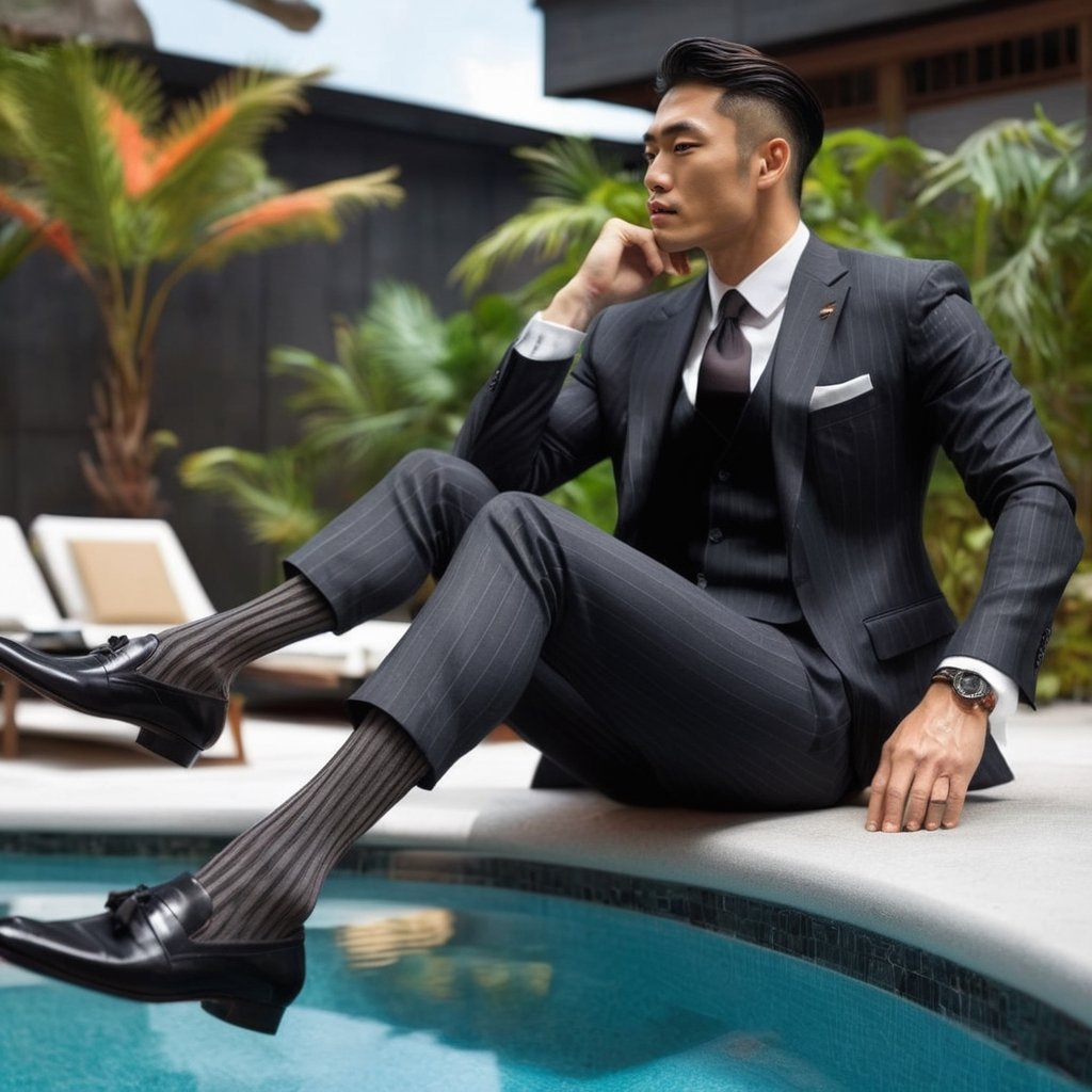 long socks,  Japanese, full body portrait, men, handsome, beautiful, photorealistic, vertical stripe socks, necktie, charcoal jacket, loafers, shirt in black colour, gay_sex,sitting,facing right hand side, pinstripe suit, on the poolside, tropical, smelling socks