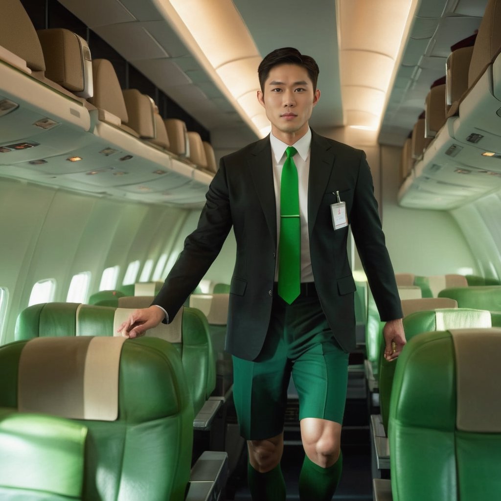 soft lighting, RAW , photorealistic,Masterpiece, wearing green vertical strip over the calf socks,Movie Still, full body portrait, asian men, wearing black loafers, male flight attendent, handsome, business class, green uniform, solo, serving other passengers, wearing short