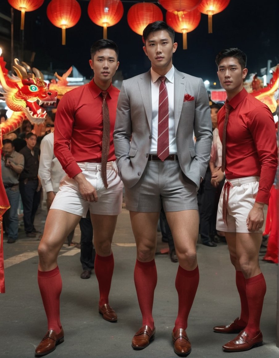 soft lighting, RAW, grey tie , photorealistic,Masterpiece, 1guy, vertical strip long socks,Movie Still, full body portrait, asian men, wearing brown loafers,men, wearing shorts, soft lighting, red vertical stripe socks, looking forward, socks, striped tie, red underwear, yaoi, red kneehigh socks, gay_sex, 3guy, chinese new year, year dragon, night market