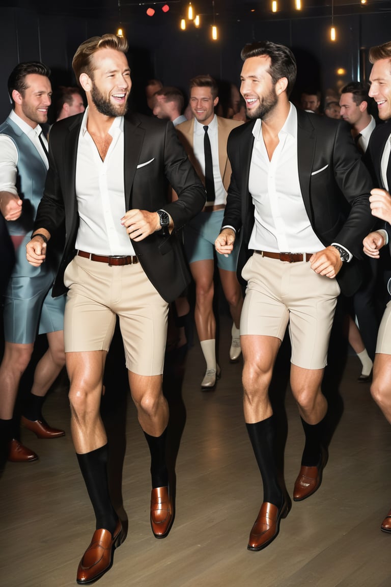 suit guys in a disco party, dancing happily, wearing bermuda shorts and black over the calf socks with vertical strips, realistic, soft lighting, RAW, wearing brown loafers