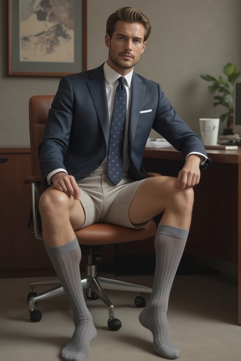 handsome suit man with bermuda shorts in 30s, working in the office and sitting on a chair and wearing socks and adjusting his socks, otc socks with vertical strips, medium thickness legs, realistic, masterpiece of photography, highly detailed face, full portrait