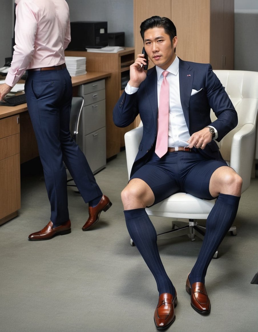 long socks,  underwear,  Japanese, full body portrait, working in the office, men, handsome, beautiful, photorealistic, ribbed socks, white vertical stripe socks, necktie, navy jacket, loafers, t-back, light pink shirt, multiple men, walking, talking in the phone,sitting