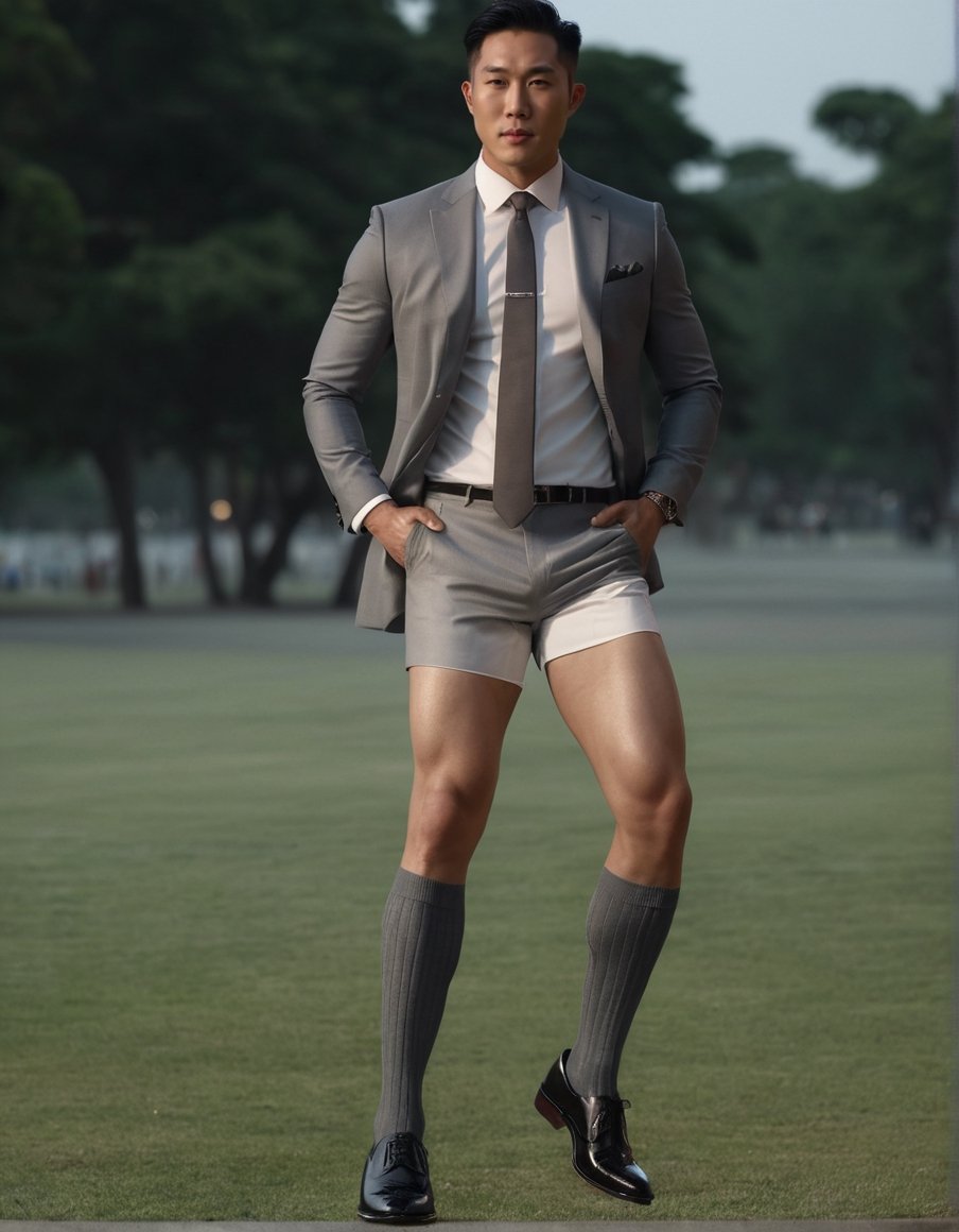 soft lighting, RAW, grey tie , photorealistic,Masterpiece, 1guy, vertical strip long socks,Movie Still, full body portrait, asian men, wearing formal shiny oxford shoes,men in suit, soft lighting, white shorts