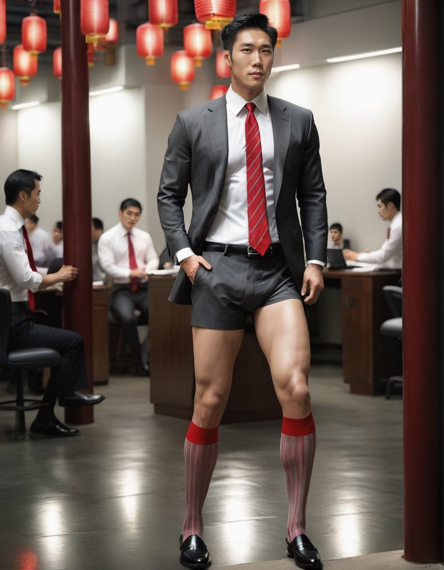 soft lighting, RAW, grey tie , photorealistic,Masterpiece, 1guy, vertical strip long socks,Movie Still, full body portrait, asian men, wearing black loafers,men, wearing underwear, soft lighting, red vertical stripe socks, striped tie, red underwear, yaoi, red kneehigh socks, gay_sex, lantern festival, office