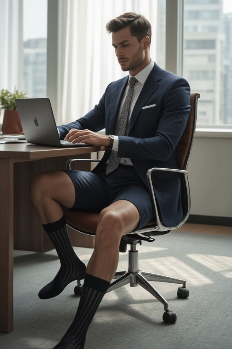 handsome suit men with bermuda shorts in 30s, working in the office and sitting on a chair and wearing black otc socks with vertical strips, muscular legs, realistic, masterpiece of photography, highly detailed face, full portrait, large windows, modern furniture, having meeting in the boardroom, looking at the laptop