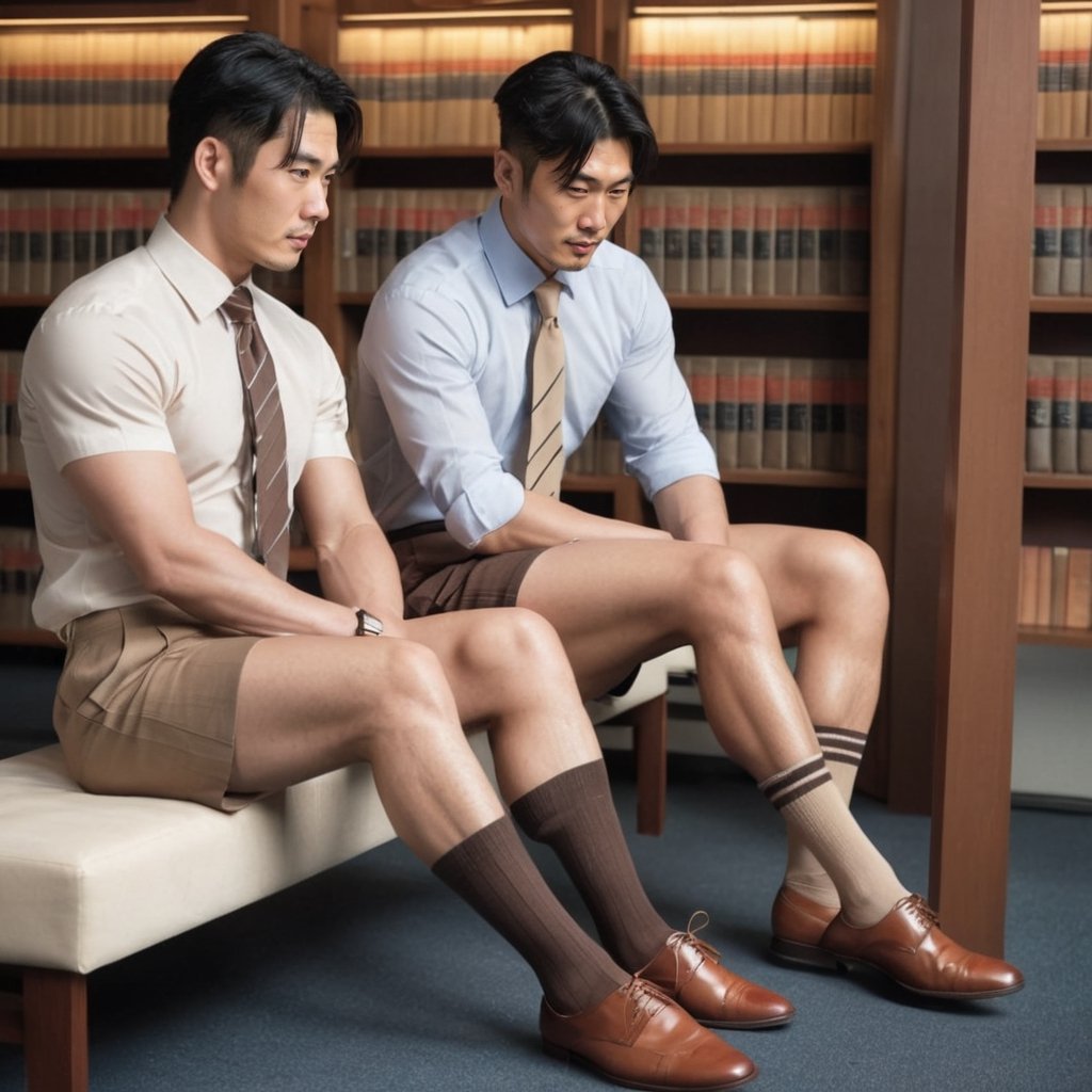 soft lighting, RAW, grey tie, photorealistic, Masterpiece, 2guy, Movie Still, full body portrait, japanese men in 40s, wearing shorts, soft lighting, brown vertical stripe over the calf socks, yaoi, beige necktie, gay_sex, shirtless, black shirt, sitting 1meter apart, without shoes, editorial,library