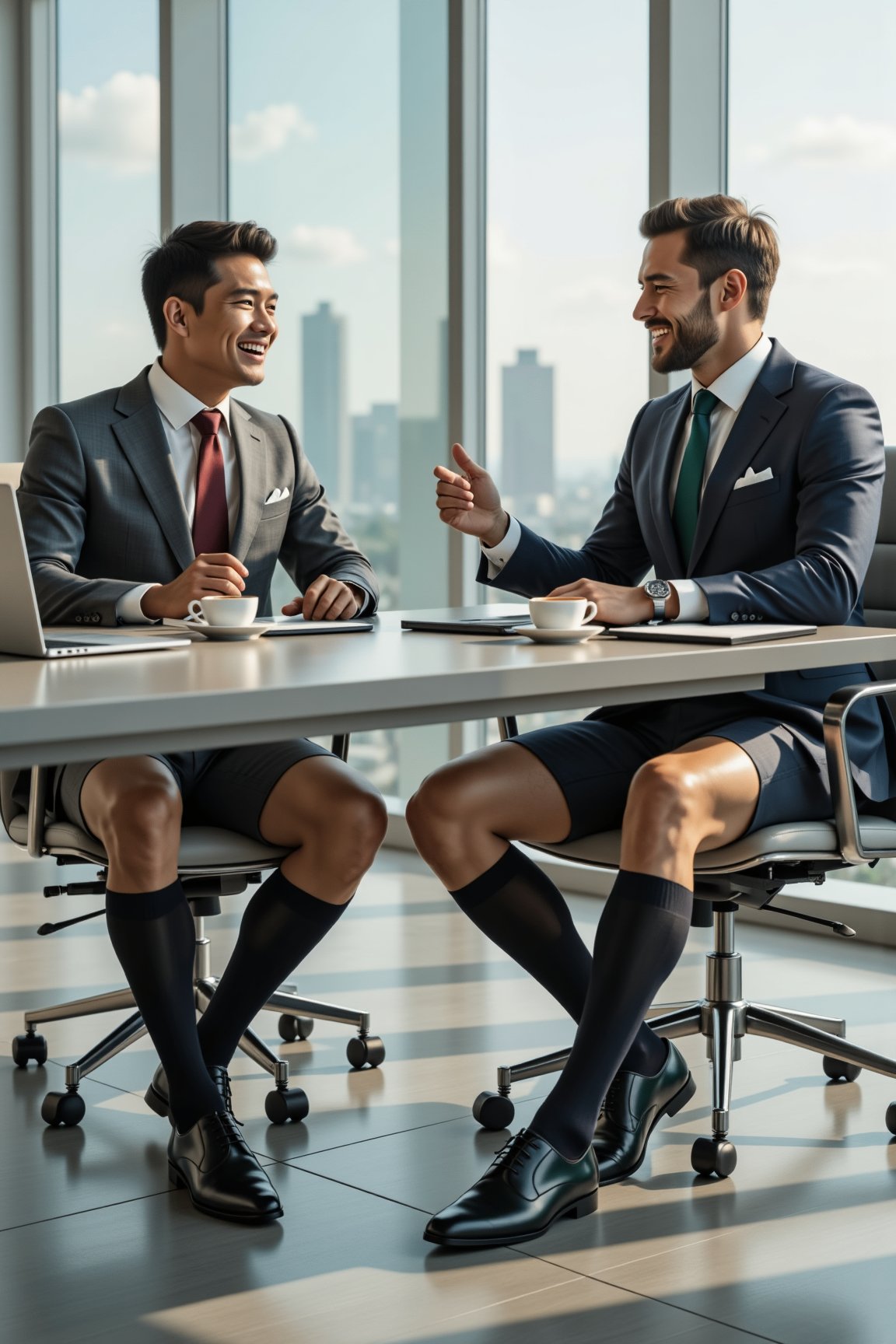 Two handsome businessmen in their 30s, different ethnicity, sitting in a modern office boardroom. They're wearing contrasting suits: the Asian man in charcoal grey, the European in navy blue. Both sport crisp white dress shirts with distinct silk ties - a deep burgundy for the Asian man and forest green for the European.

Strikingly, they're wearing tailored Bermuda shorts instead of full-length trousers, revealing their muscular legs. Their feet are adorned with shiny Oxford shoes and bold,  black kneehigh socks. 

The men are engaged in animated conversation, laughing and gesturing as they sit at a sleek conference table. Their faces are highly detailed and realistic, showcasing warm, genuine expressions. The Asian man has short black hair and dark brown eyes, while the European has light brown hair and blue eyes.

The boardroom features floor-to-ceiling windows flooding the space with natural light, highlighting the men's unconventional attire. Reflections of a city skyline are visible in the windows, suggesting a high-rise office building.

Modern, minimalist furniture surrounds them, including ergonomic chairs and a state-of-the-art presentation screen. On the table, there are sleek laptops, notepads, and two cups of coffee, adding to the professional yet relaxed atmosphere.

The overall scene is captured in a masterful photorealistic style, with impeccable lighting and composition, resembling a high-end corporate photography shoot. The image should convey a blend of professionalism, cultural diversity, and quirky charm, emphasizing the contrast between formal upper bodies and casual lower bodies