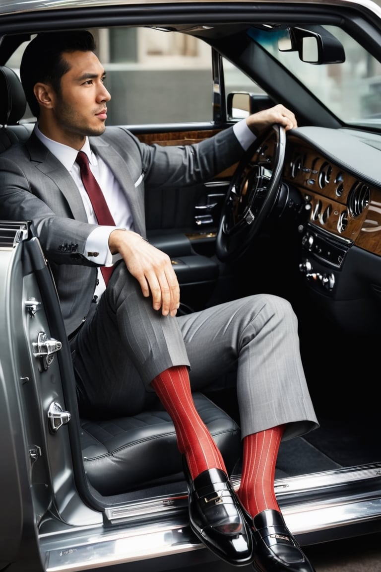 1guy, full body, over the calf socks with red vertical stripe, charcoal formal suit,  sitting in the driver's seat and getting out from the rolls royce car, car door opened, view from outside to the car, in the city, wearing shorts, eye level view, european with black hair, RAW, realistic, soft lighting, pinstripe, elbow hanging on the car window, hand resting on steering wheel, left leg step on the floor