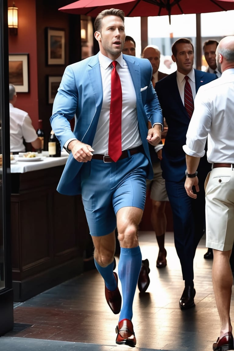 over the calf socks, wearing shorts, soft lighting, RAW, blue stripe suits, red tie photorealistic,Masterpiece, 1guy, vertical strip socks, otc socks,Movie Still, full body portrait, caucasian men, wearing black loafers,men, running to the restaurant