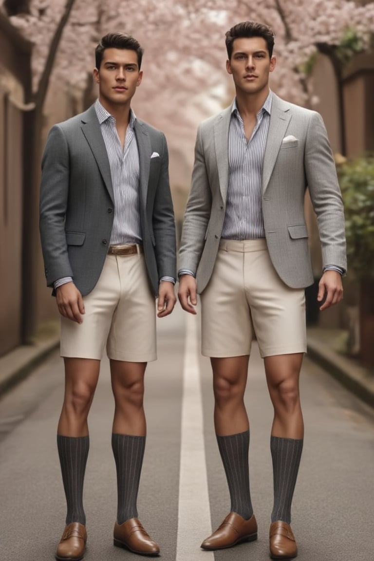 2guy, full body, in a very narrow alley, photorealistic, RAW, soft lighting, wearing dark over the calf socks with white vertical stripe and beige oxford shoes, wearing blazer and white bermuda shorts, editorial, 178cm tall, blurred background, striped shirt, large bulge, cherry blossom, cherry tree, wearing brown formal shoes, the first man is Latino, tanned, 30yo. The second is muscular, with pale white skin. 20yo, wearing grey otc socks, editorial