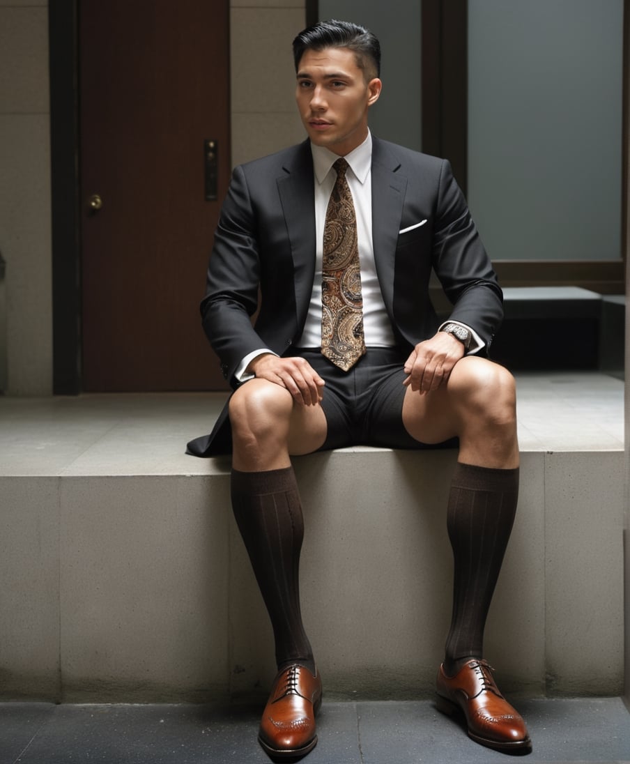 modern, RAW, paisey tie , photorealistic,Masterpiece, 1guy, brown vertical strip socks,Movie Still, full body portrait, Hong Kong, wearing oxford shoes,men, sitting, wearing shorts, soft lighting, hairy legs, talking to other men, over the calf socks, socks paisley tie, black vertical strip long socks, vertical stripe shirt, snowing, looking front