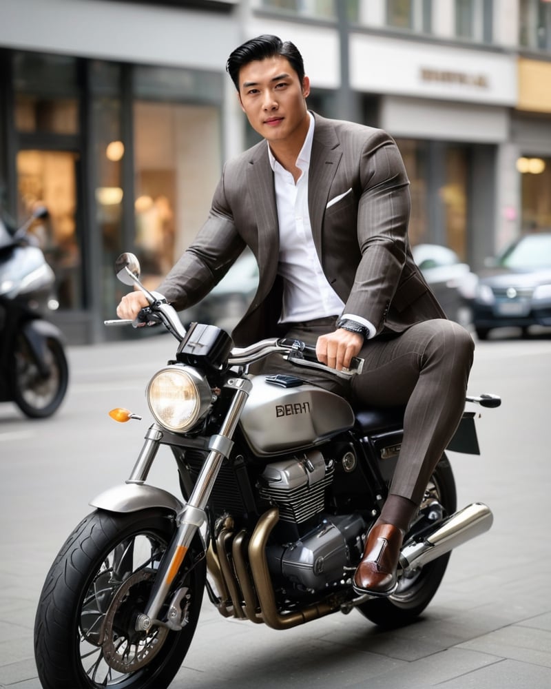 1guy, over the calf socks with brown vertical stripe, sitting on the motorcycle, in the city, wearing shorts, wearing suit jacket, eye level view, handsome eurasian with black hair, RAW, realistic, soft lighting, elbow hanging on the motorcycle, brown shiny loafers, spread legs, foot focus,  Berlin, Germany, in front of department store