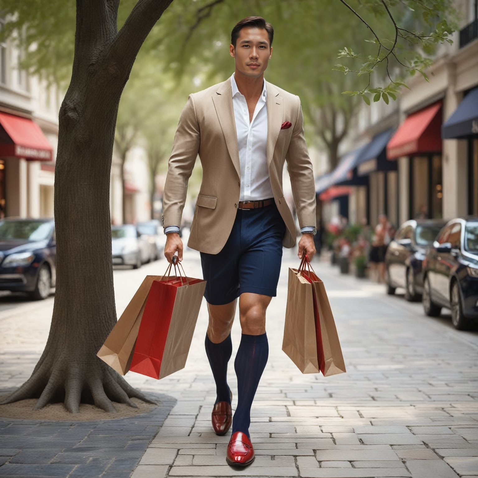 A Eurasian gentleman, dressed to impress in a sharp suit with shorts, stone pavement is with big ash tree, Soft lighting illuminates his handsome features. His navy over-the-calf socks with red vertical stripes add a touch of sophistication, while his open shirt and shiny brown formal loafers reveal a hint of elegance. holding shopping bags with both hands, feeling contented