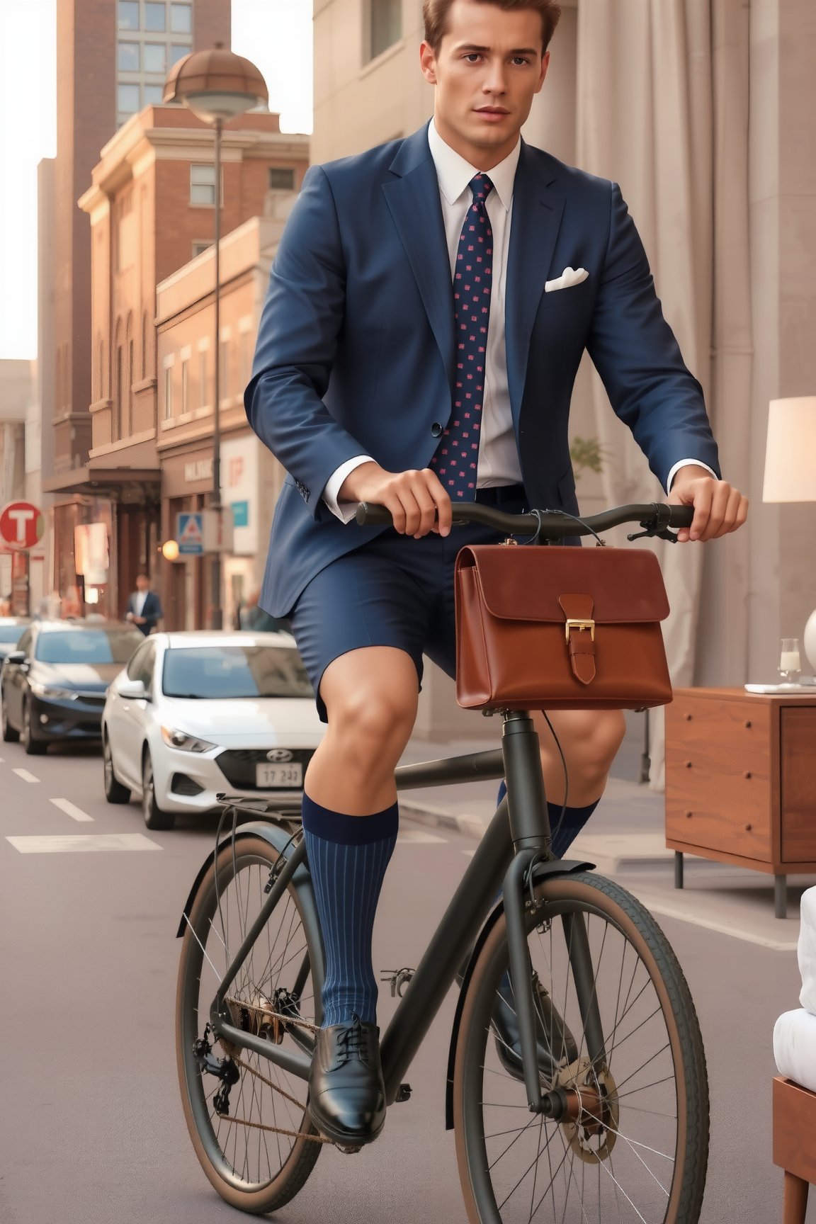 A stylish businessman in his 30s rides a sleek city bicycle through urban streets during morning rush hour. He's wearing a well-fitted navy blue suit, crisp white shirt, and a blu tie with subtle polka dots. The focus is on his legs, where he's is wearing bermuda shorts and pulling up a pair of over-the-calf socks. The socks are dark navy with thin, vertical white stripes. The man is seated on a matte black commuter bike with brown leather seat and handlebars. A small, elegant leather briefcase is secured to the bike's rear rack. The cityscape around him is a blend of modern skyscrapers and classic architecture. The streets are busy with cars and other cyclists, but the man navigates confidently through the traffic. The morning light casts long shadows and gives a golden glow to the buildings Photorealistic, high detail, soft lighting, showing full portrait

The man's posture is straight and confident. His shoes, polished black oxfords, are visible nearby. The bedroom has a minimalist, modern decor with muted colors. On a nearby dresser, there's a collection of cufflinks and a watch.

The lighting is warm, suggesting early morning sunlight filtering through partially opened curtains. The overall mood is one of preparation and anticipation for the day ahead.

Photorealistic, high detail, soft lighting, showing full portrait