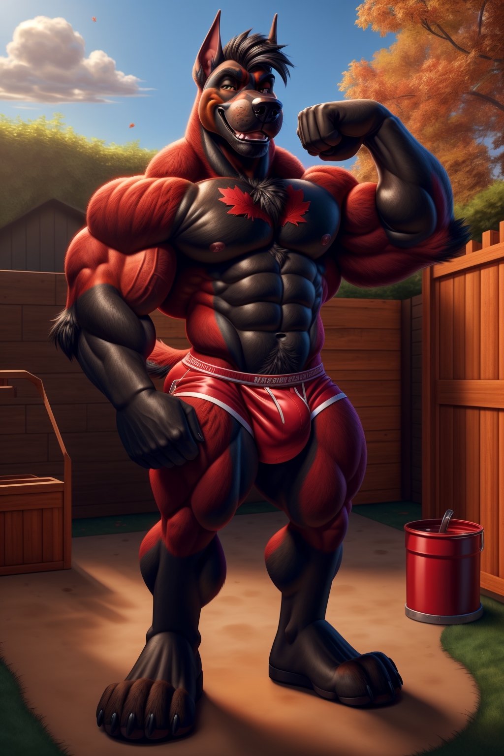 furry doberman, red fur, male, very muscular, called Canuckmutt, wearing a red singlet, black leather gloves, black paws, plantigrade, shaggy black hair, red fur, white chest, and a maple leaf on his chest. bulging groin, horny, flexing, backyard, dog house