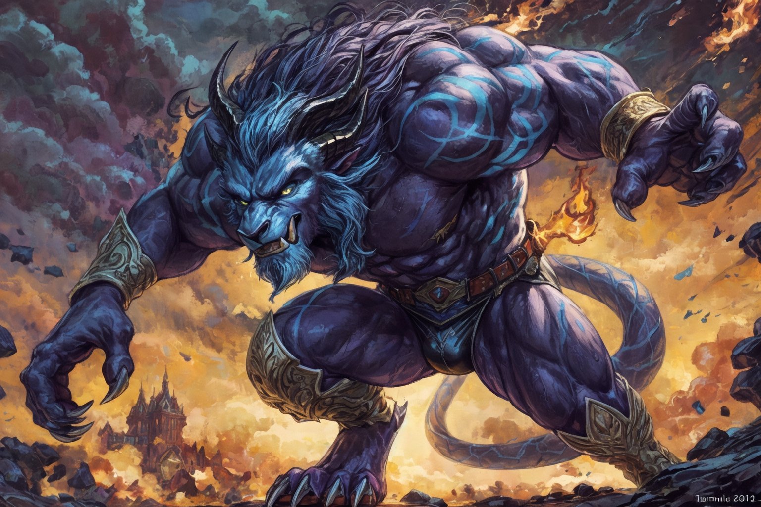 A view of a hybrid creature, made from X-Men's "Beast" and Disney's "Beast." He has the general coloration and costume of X-Men's Beast being various shades of blue, and wearing a pair of tight spandex violet briefs with the "X" symbol on a belt. He has some of the markings of Disney's Beast, including a lighter blue on his snout and chin beard, as well as the trademark horns and long tail. He leaps to the left with a ferocious expression, claws out on the attack. 