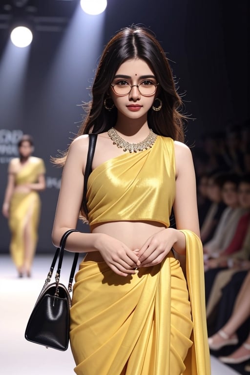 1 girl Indian beauty very bright backlighting solo beautiful and orenge saree  glasses, hand bag Indian girls beautiful background smart grardan fashion model show ,<lora:659111690174031528:1.0>