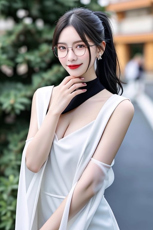 1girl, solo, long hair, breasts, looking at viewer, smile, black hair, hair ornament, dress, jewelry, full body, ponytail, earrings, detached sleeves, glasses, teeth, Naked torso,Hands covering nipples,white dress, tree, sash, clothing cutout, blurry background, facial mark, chinese clothes, cleavage cutout, forehead mark,<lora:659111690174031528:1.0>