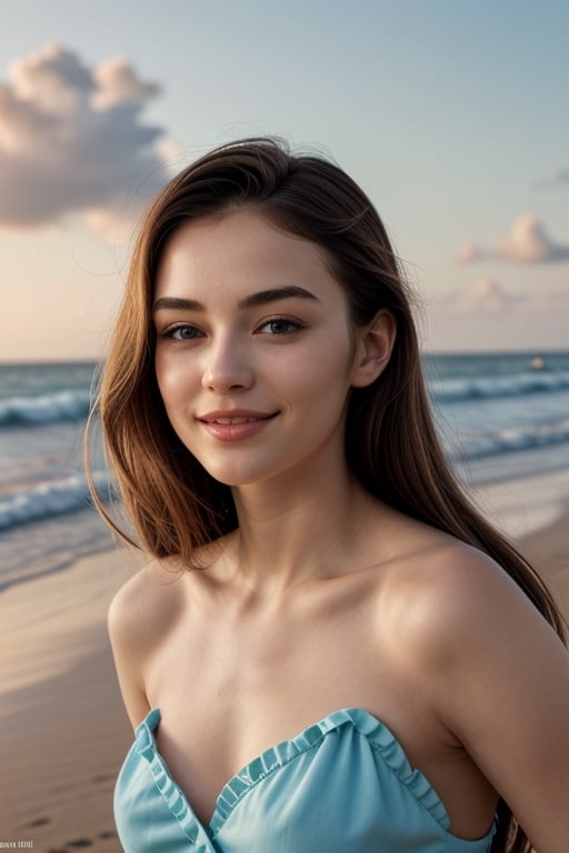 (highres,realistic) voluptuous,long wavy golden blonde hair,dreamy blue eyes,rosy cheeks,(1girl) with a radiant smile, wearing a flowing white sundress that gently caresses her sun-kissed skin,standing barefoot at the edge of a pristine beach. The soft golden sunlight illuminates her figure, casting a warm glow on the surrounding sand and glistening waves. The tranquil ocean stretches out to the horizon, merging seamlessly with the clear blue sky. The gentle sea breeze playfully tugs at her dress full body and ruffles her hair, creating a sense of movement and freedom. The girl's youthful beauty and carefree expression reflect her joy and inner peace. The artwork captures every intricate detail of her face, highlighting the delicate curves of her lips and the intricate patterns in her eyes. The artist's skillful brushstrokes evoke a sense of depth and realism, making the viewer feel as if they are standing right beside her, experiencing the serene beauty of the beach firsthand. The colors in the painting are vibrant and vivid, with a harmonious blend of warm and cool tones. The artist has masterfully captured the interplay of shadows and light, creating a captivating play of highlights and reflections. The composition of the artwork is carefully balanced, with the girl positioned slightly off-center, drawing the viewer's gaze towards her captivating beauty.,<lora:659111690174031528:1.0>