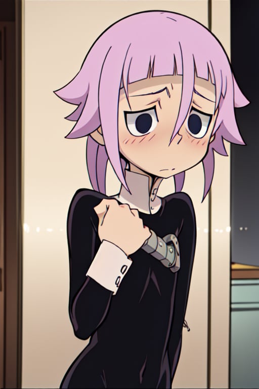 crona_,crona_soul_eater, pink_hair, black_eyes, shy, blush, wide_hips, androgynous, nonbinary, ambigious_gender