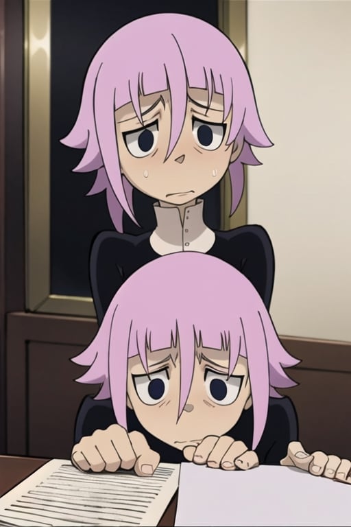 crona_soul_eater,pink hair,black eyes,shy,nervous,writing_utensil,paper