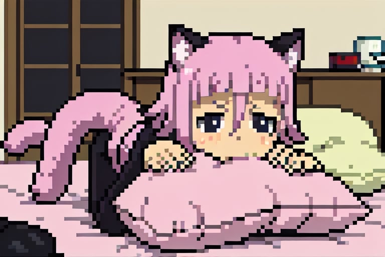 crona_soul_eater,pink hair,black eyes,Pixel art,blushing,cat_ears,cat_tail,full_body,pillow