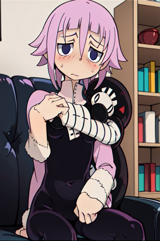 crona_soul_eater, pink_hair, black_eyes, shy, blush, wide_hips, androgynous, nonbinary, ambigious_gender, sitting_down, on_the_couch, looking_at_viewer