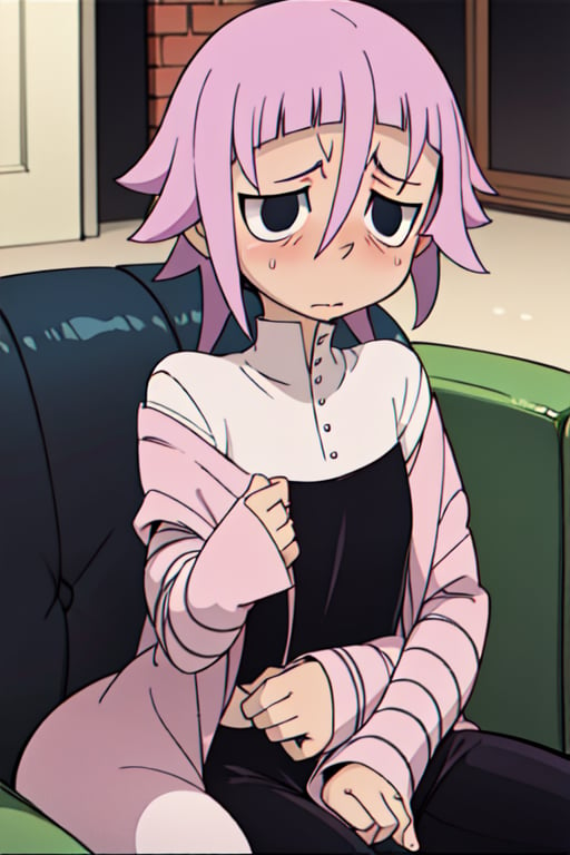 crona_soul_eater,pink hair,black eyes,blushing, shy, nervous, lying_on_stomach, couch