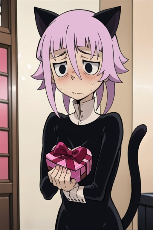 crona_soul_eater,pink hair,black eyes,cat_ears,cat_tail,shy,blushing,nervous,facing_away,valentines_day,chocolate_box