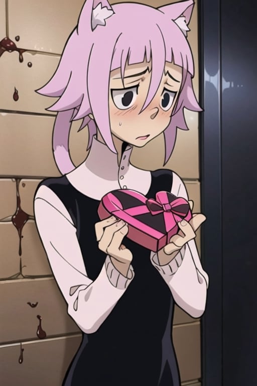 crona_soul_eater,pink hair,black eyes,cat_ears,cat_tail,shy,blushing,nervous,facing_away,valentines_day,chocolate_box