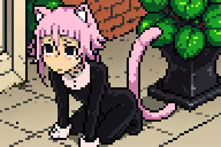 crona_soul_eater,pink hair,black eyes,Pixel art,blushing,cat_ears,cat_tail,full_body,teary_eyed