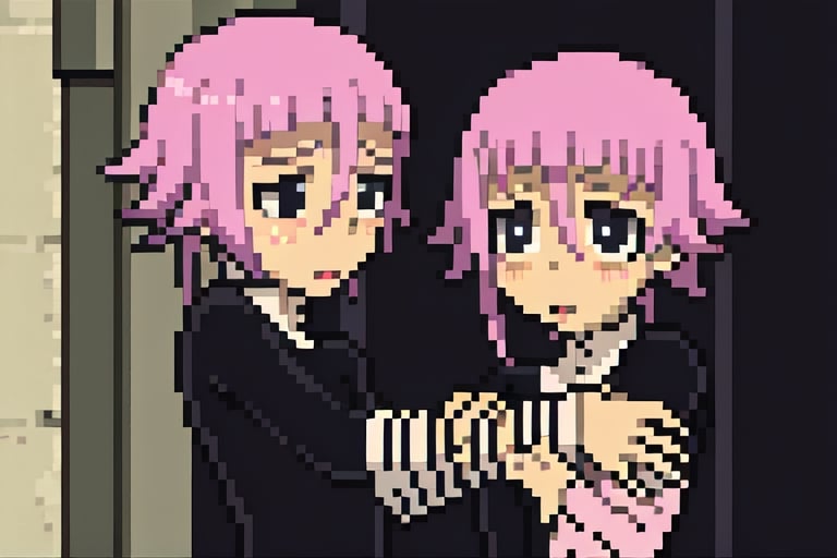 crona_soul_eater,pink hair,black eyes,Pixel art,blushing,holding_arm