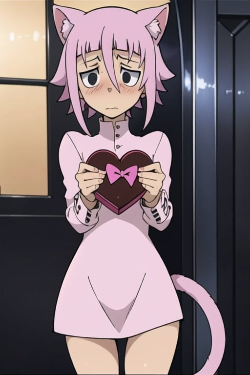 crona_soul_eater,pink hair,black eyes,cat_ears,cat_tail,shy,blushing,nervous,facing_away,valentines_day,chocolate_box