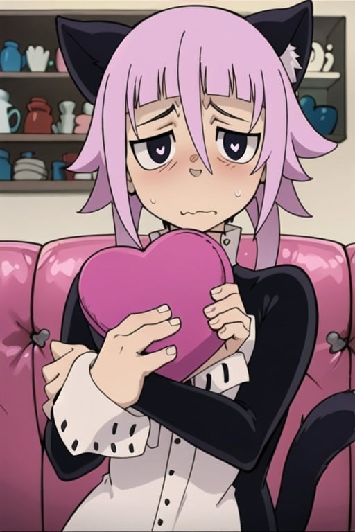 crona_soul_eater,pink hair,black eyes,cat_ears,cat_tail,shy,blushing,nervous,hair_over_eye,valentine's_day,facing_viewer,holding_object,heart-shaped_pupils