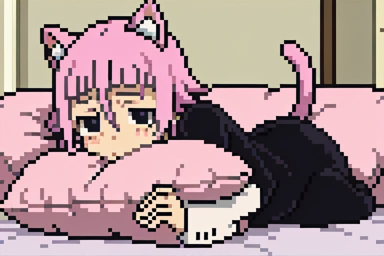 crona_soul_eater,pink hair,black eyes,Pixel art,blushing,cat_ears,cat_tail,full_body,cuddlingup,pillow