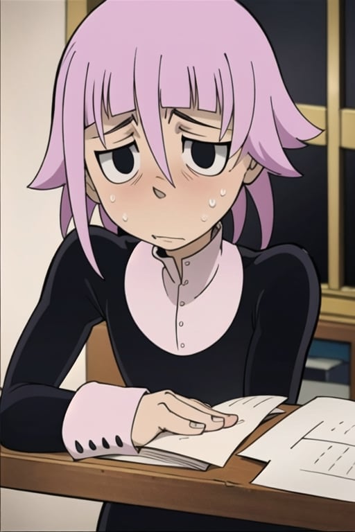 crona_soul_eater,pink hair,black eyes,shy,nervous,writing_utensil,paper