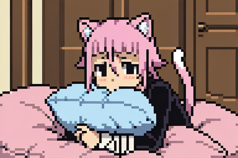 crona_soul_eater,pink hair,black eyes,Pixel art,blushing,cat_ears,cat_tail,full_body,cuddlingup,pillow