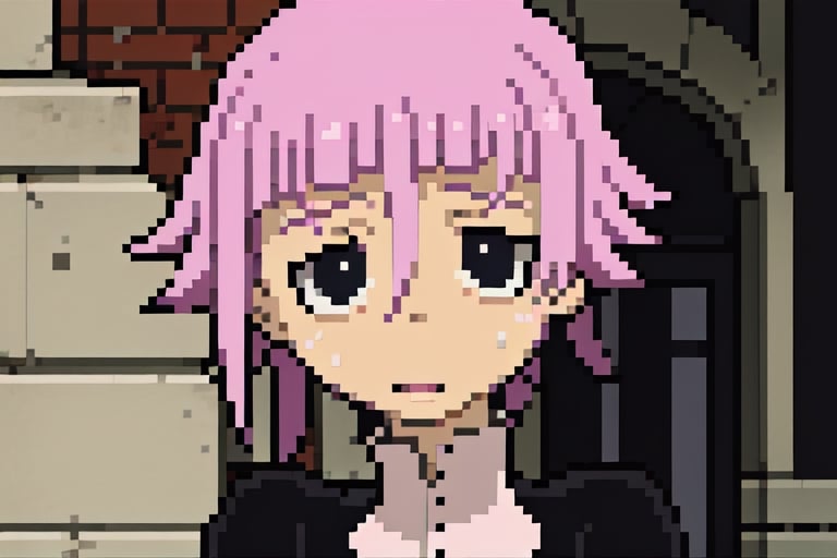 crona_soul_eater,pink hair,black eyes,Pixel art